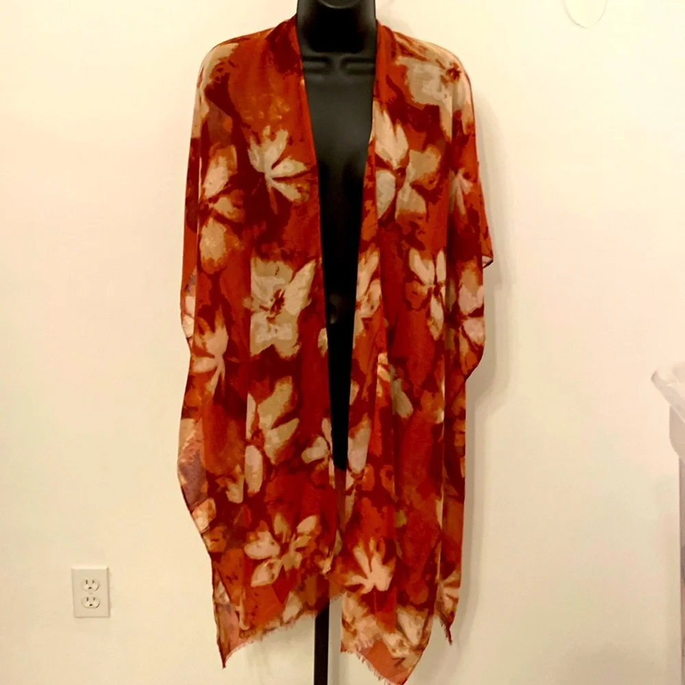 Denden Mushi Dark Rose Cream Sheer Hi-Low Floral Kimono NWOT One Size Fits Most